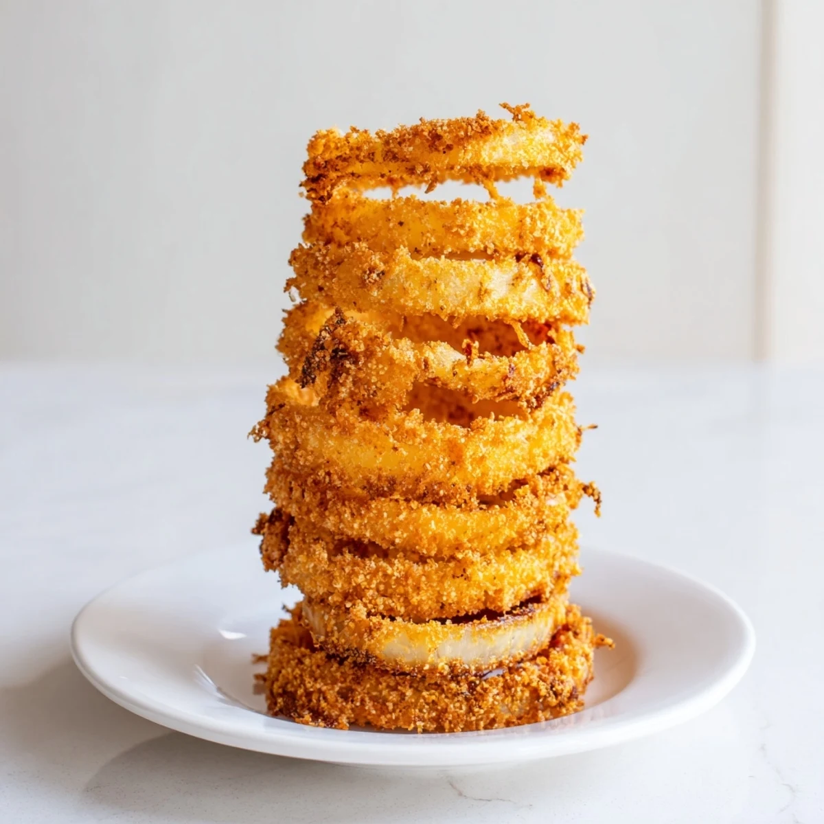 Imagine a towering stack of perfectly fried Crispy Onion Rings, with a flavorful, crispy coating.