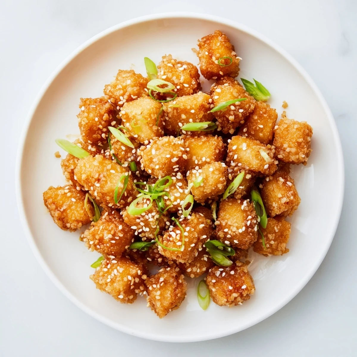 Tempting view of air-fried Honey Sriracha Tofu Nuggets, coated in a glistening, flavorful glaze.