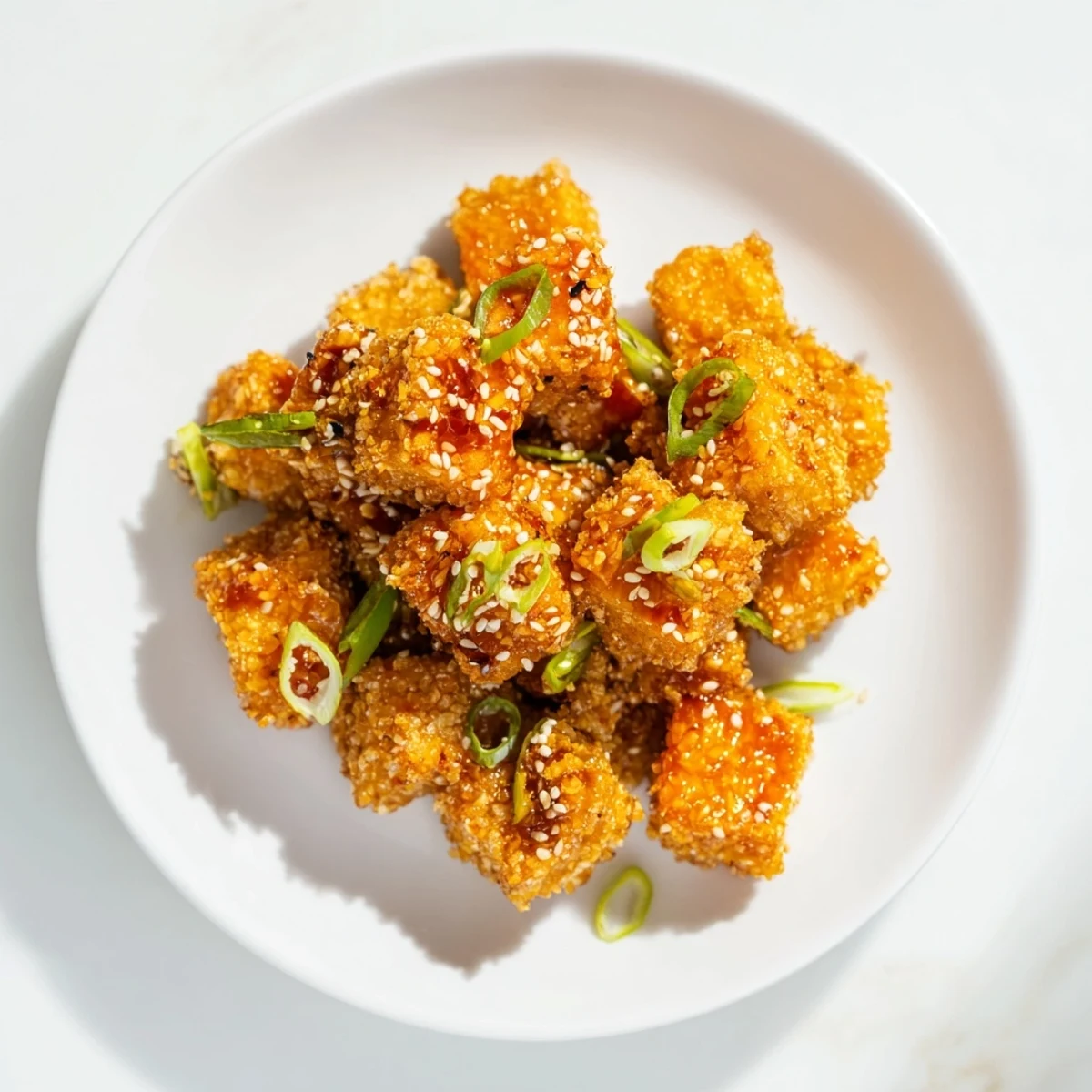 Perfect appetizer: Honey Sriracha Tofu Nuggets, sprinkled with sesame seeds, ready for a delicious bite.