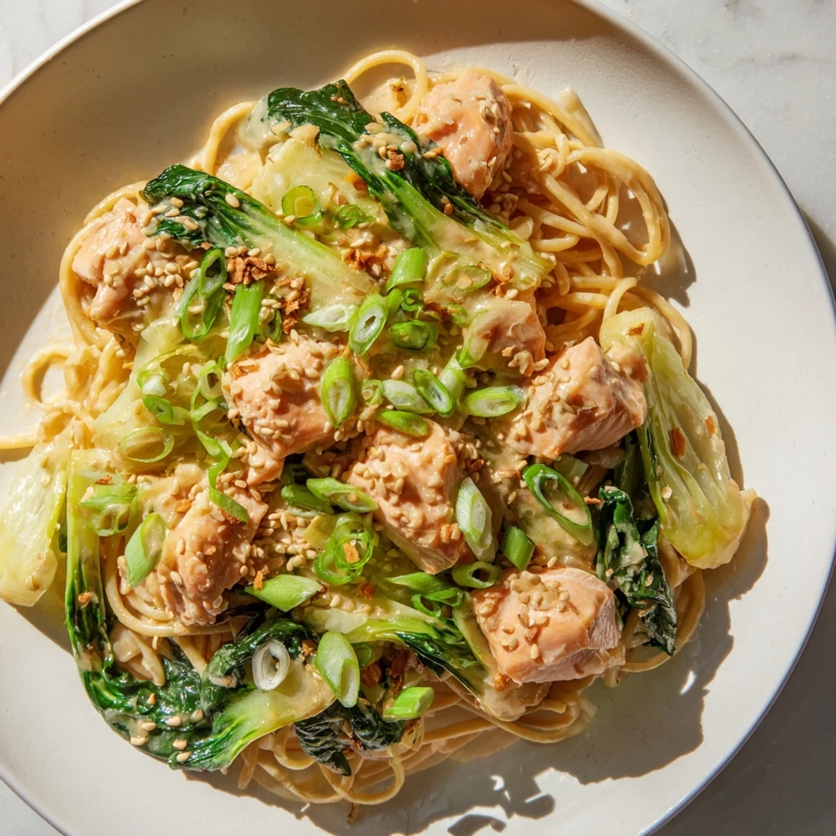 Golden miso butter salmon pasta, plated beautifully, ready to be enjoyed as a hearty meal.