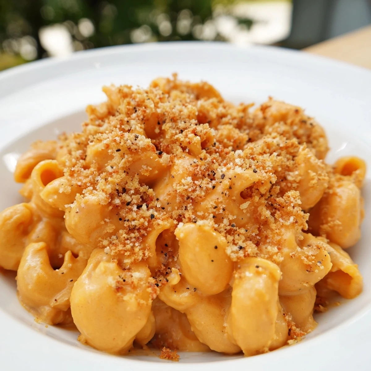 Golden baked Pumpkin Mac & Cheese with bubbly cheese topping, ready to serve on a plate.