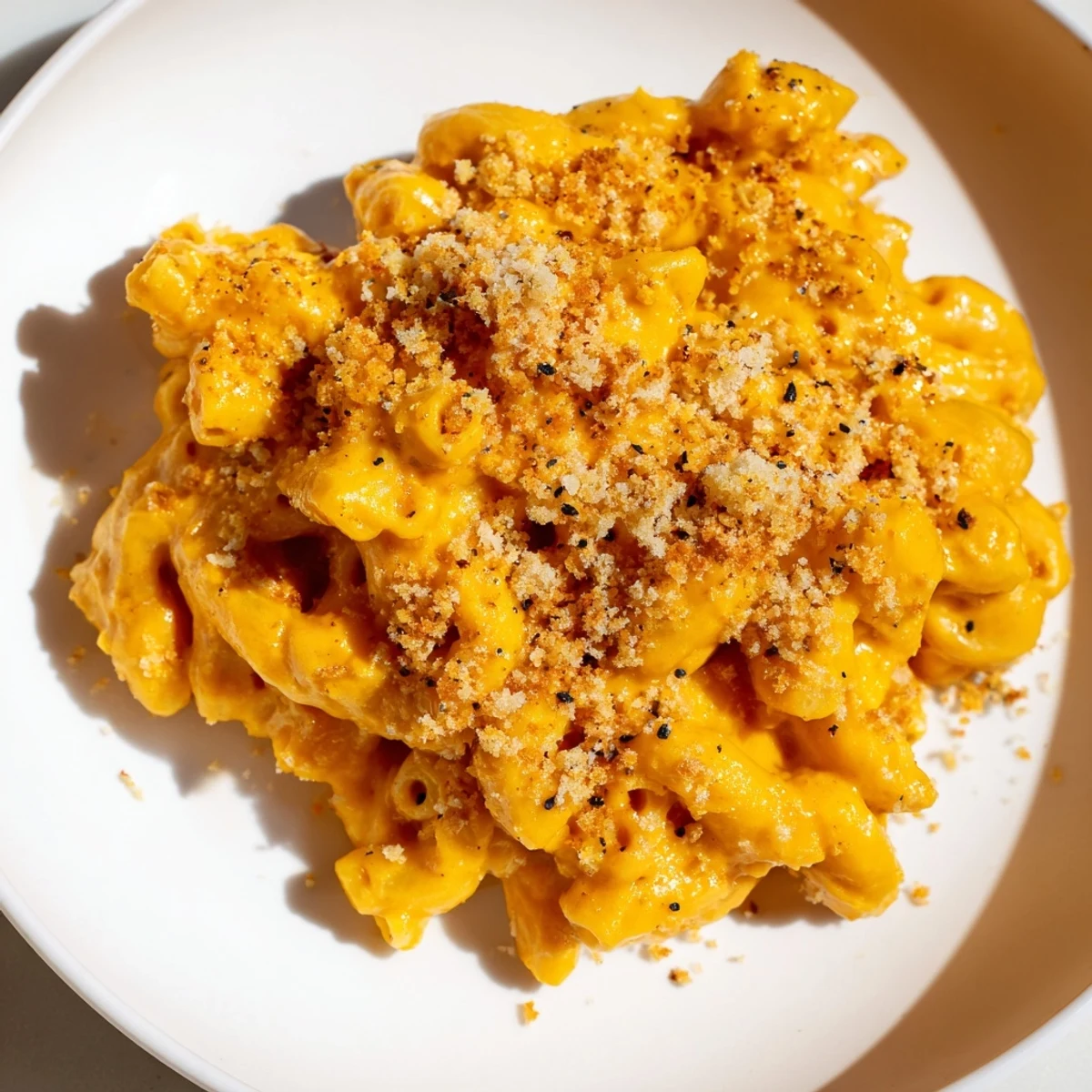 A comforting bowl of creamy Pumpkin Mac & Cheese with visible flecks of nutmeg and cheddar.