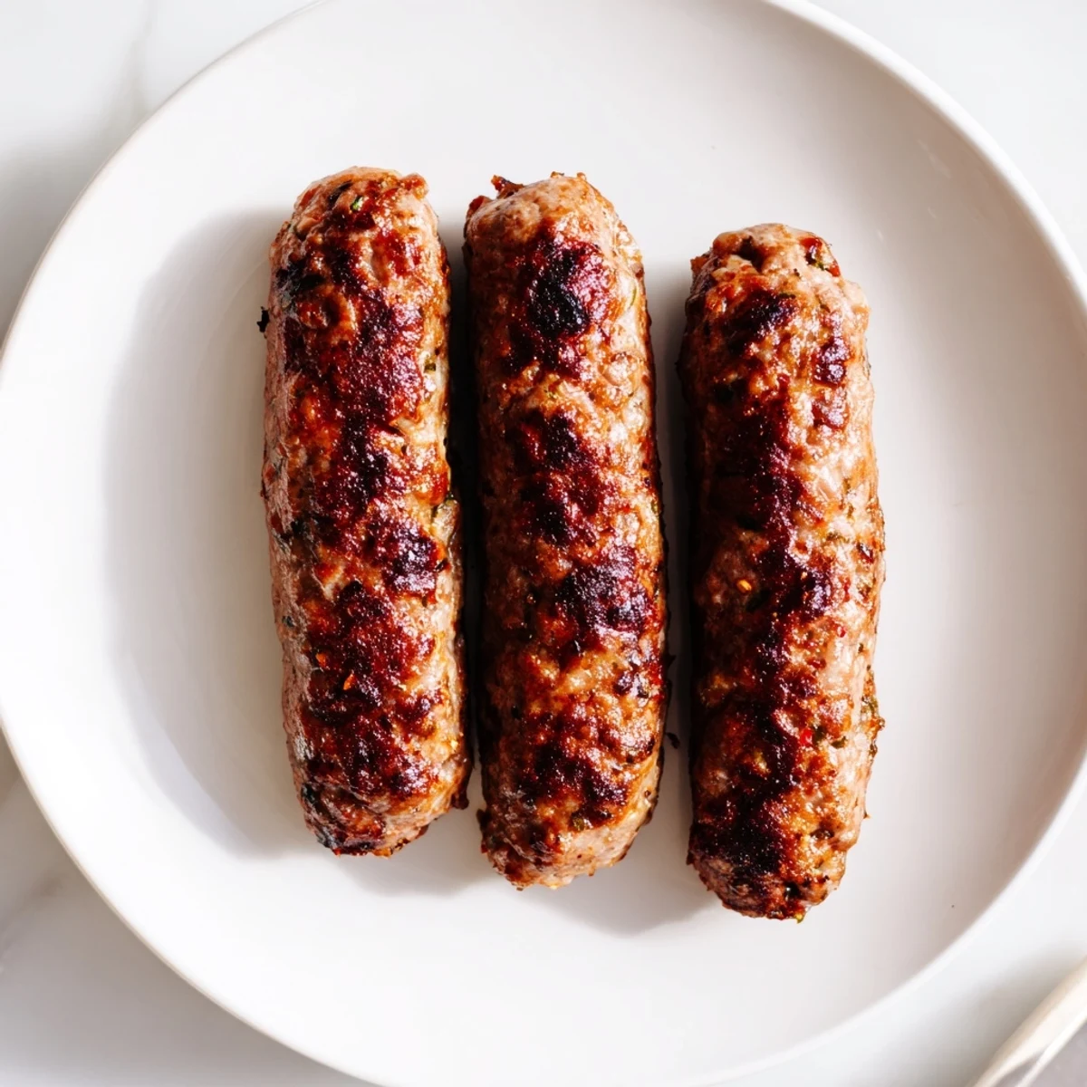 Grilled Romanian mici sausages, browned and sizzling, ready to serve with mustard and bread.
