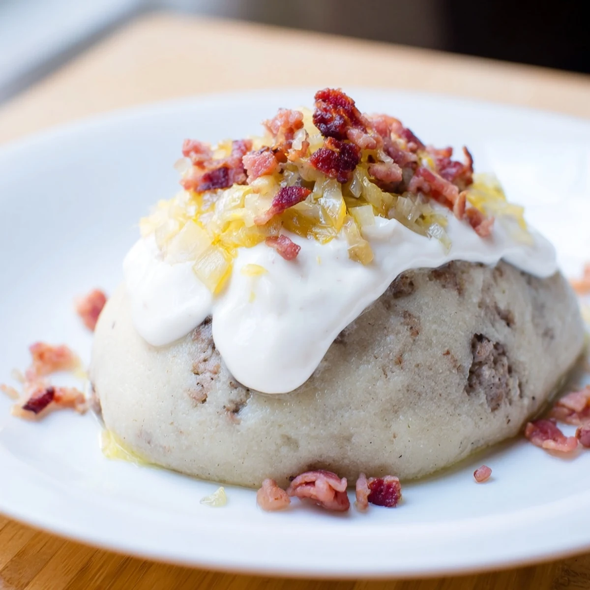 A close-up of steaming Cepelinai, showcasing the tender potato exterior and rich filling.
