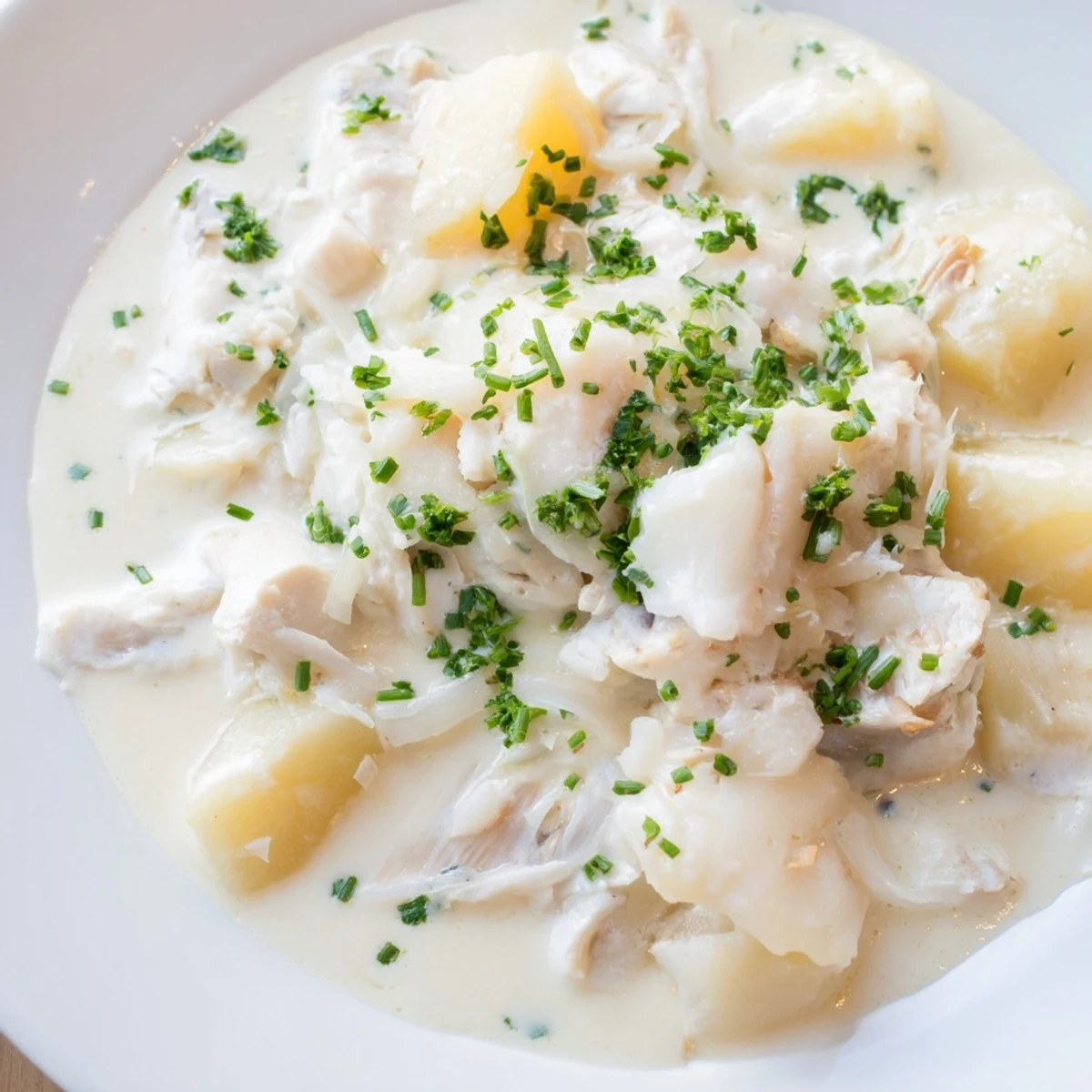 Creamy Icelandic Fish Stew, filled with flaked white fish, potatoes, and fresh herbs, is ready to eat.