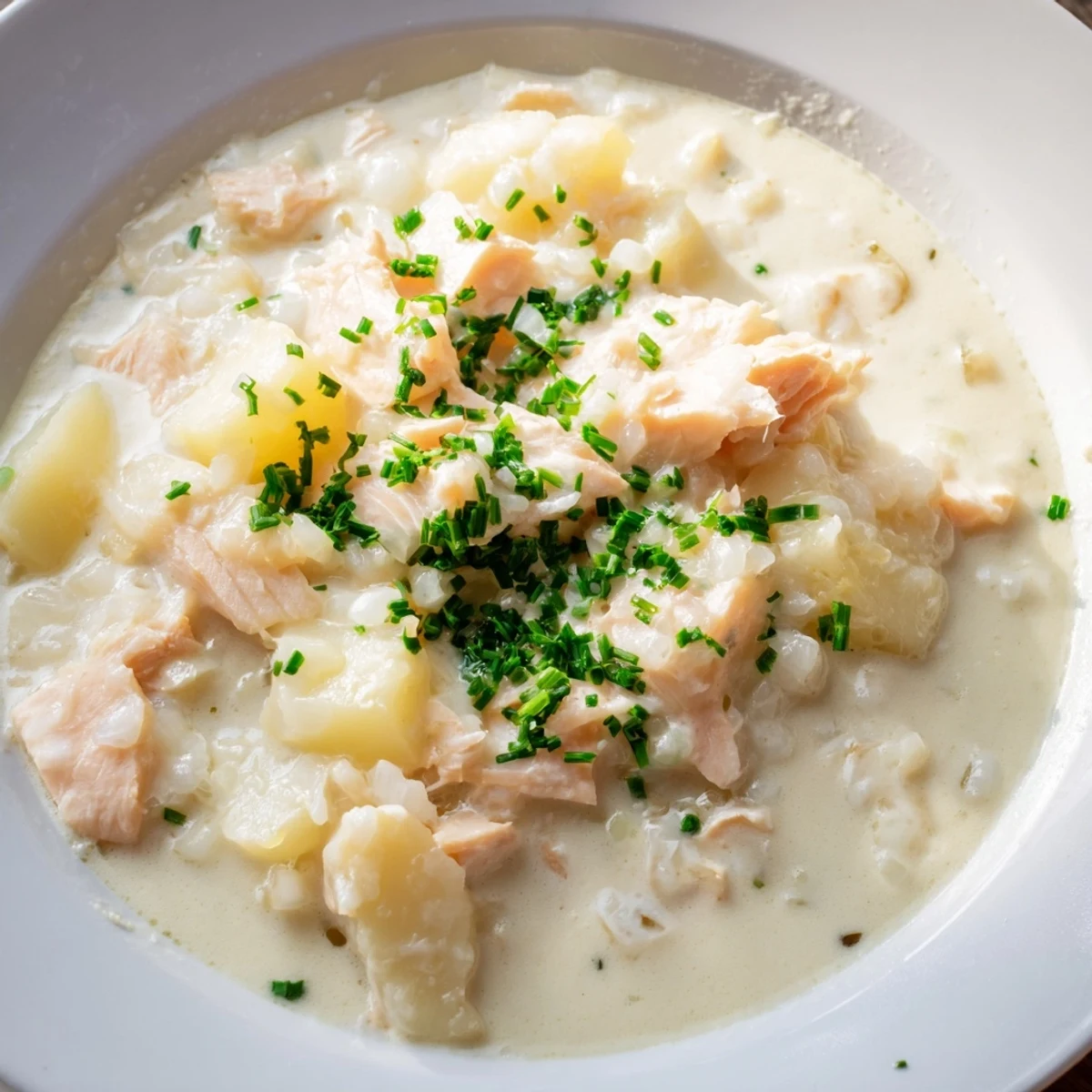 A close-up view of the savory Icelandic Fish Stew, garnished with fresh herbs and served warm.