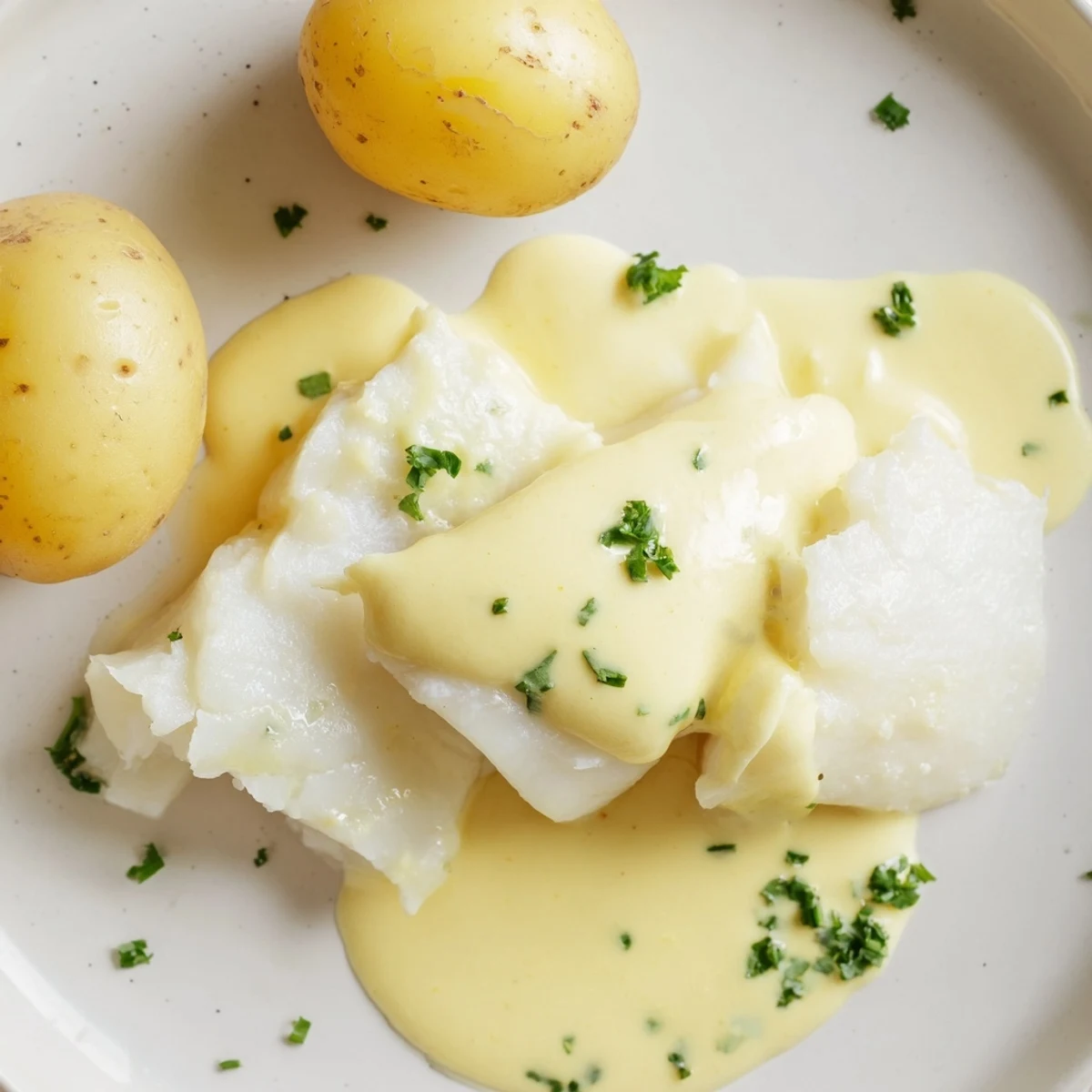 Steaming hot Norwegian Lutefisk with a glistening mustard sauce, presented with boiled potatoes.