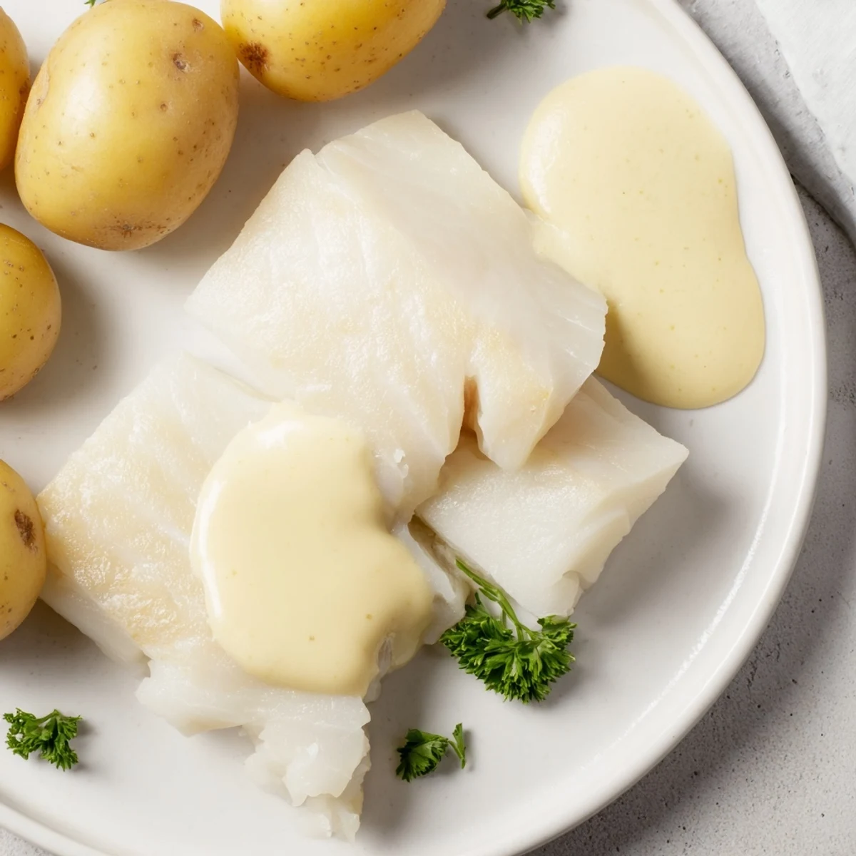 Flaky Norwegian Lutefisk, gently baked and topped with creamy mustard sauce, ready to serve!