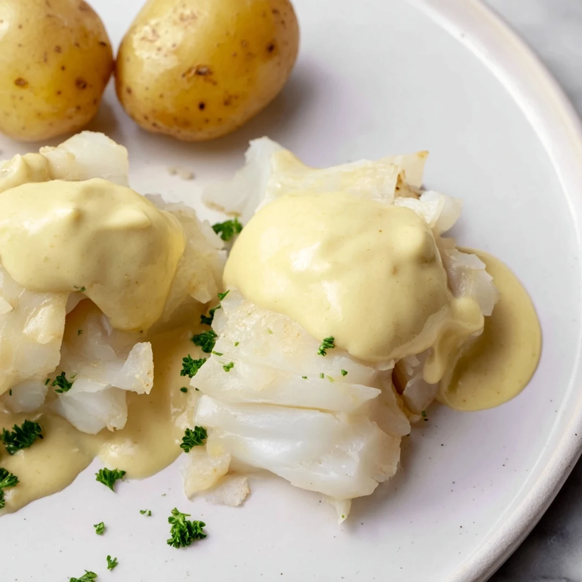 A plate of traditional Norwegian Lutefisk: delicate white fish and flavorful, savory mustard sauce.