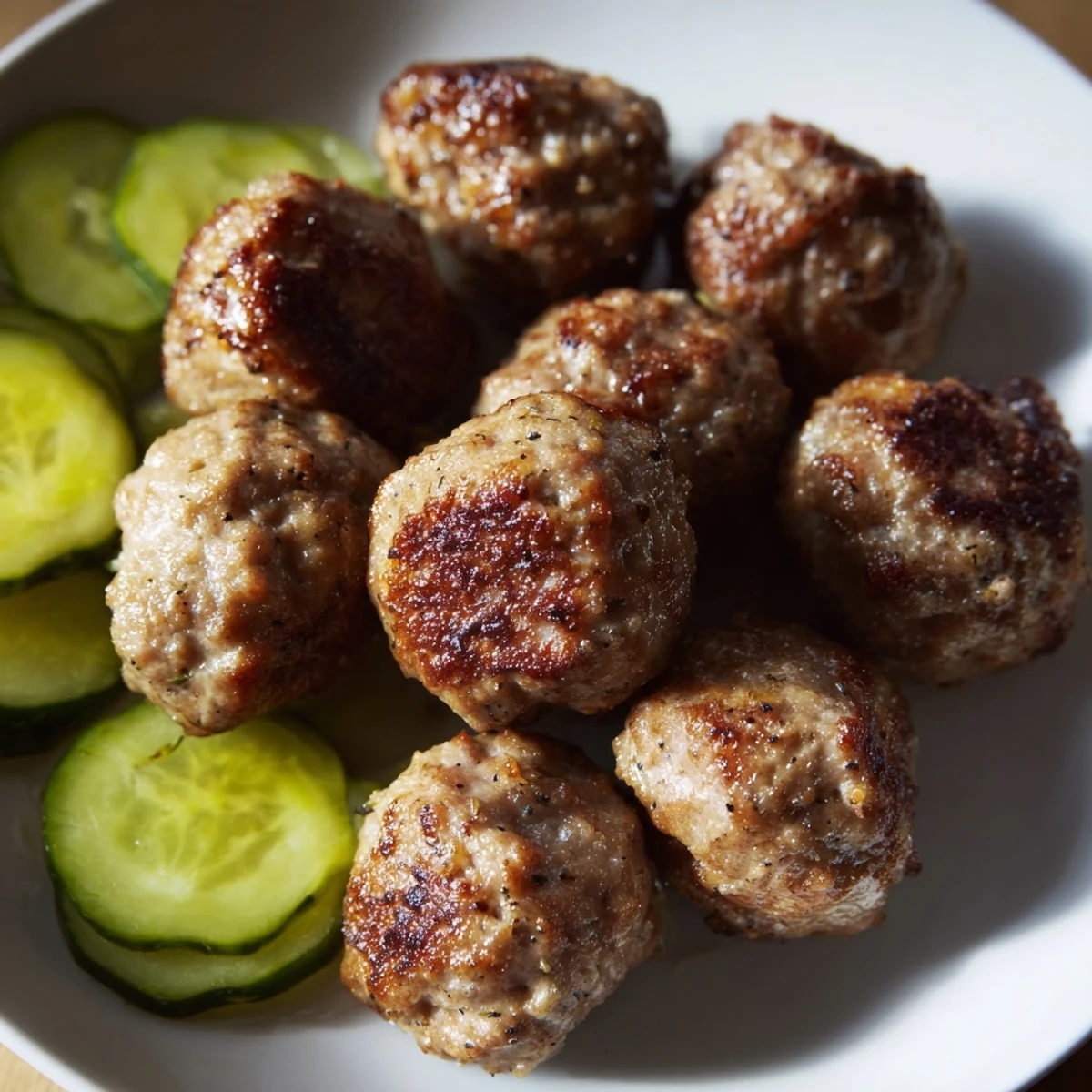 Golden, pan-fried Danish Frikadeller, juicy pork meatballs ready to serve with tangy pickles alongside.