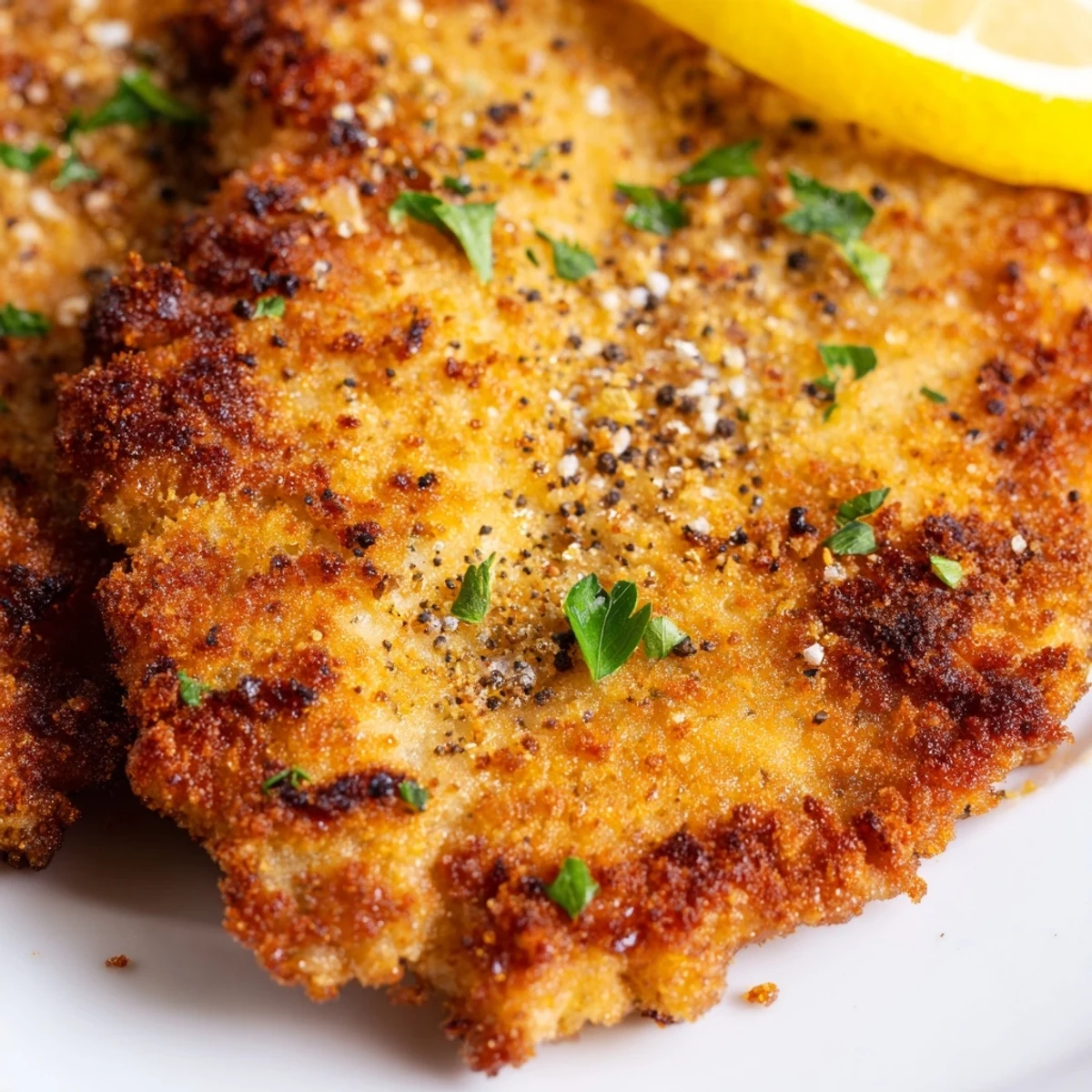 Crispy golden brown German Schnitzel cutlets ready to serve with refreshing lemon wedges on the side.
