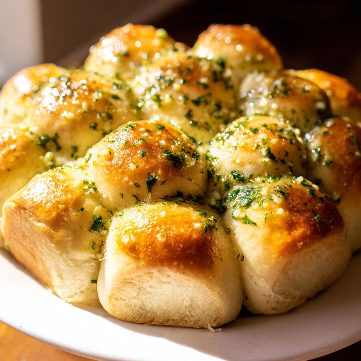 A close-up of warm Garlic Butter Bread Pull-Apart rolls in a round pan, glistening with melted garlic butter and fresh parsley garnish.  
