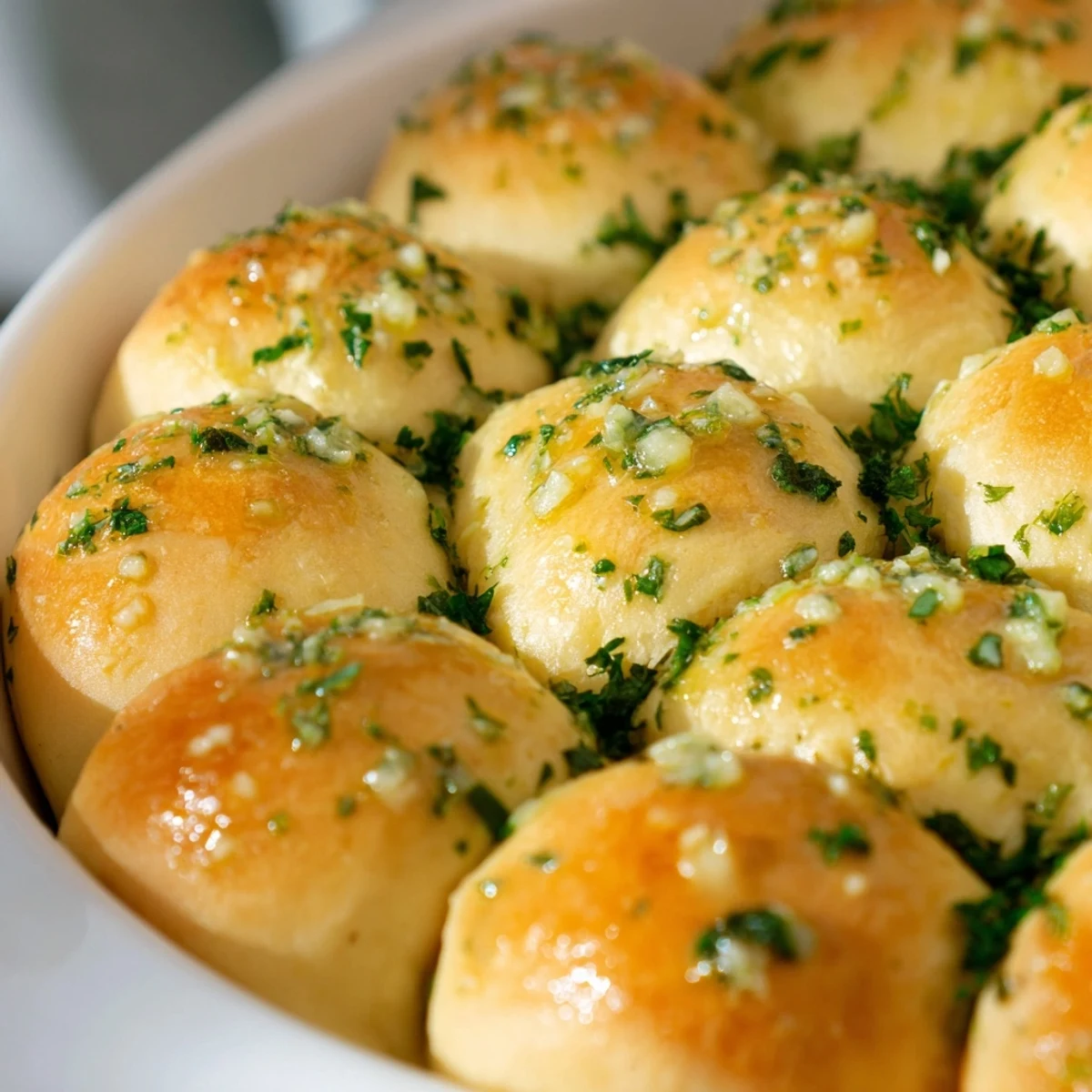 Freshly baked Garlic Butter Bread Pull-Apart rolls on a rustic wooden table, perfect for sharing at gatherings or serving with tomato soup.  