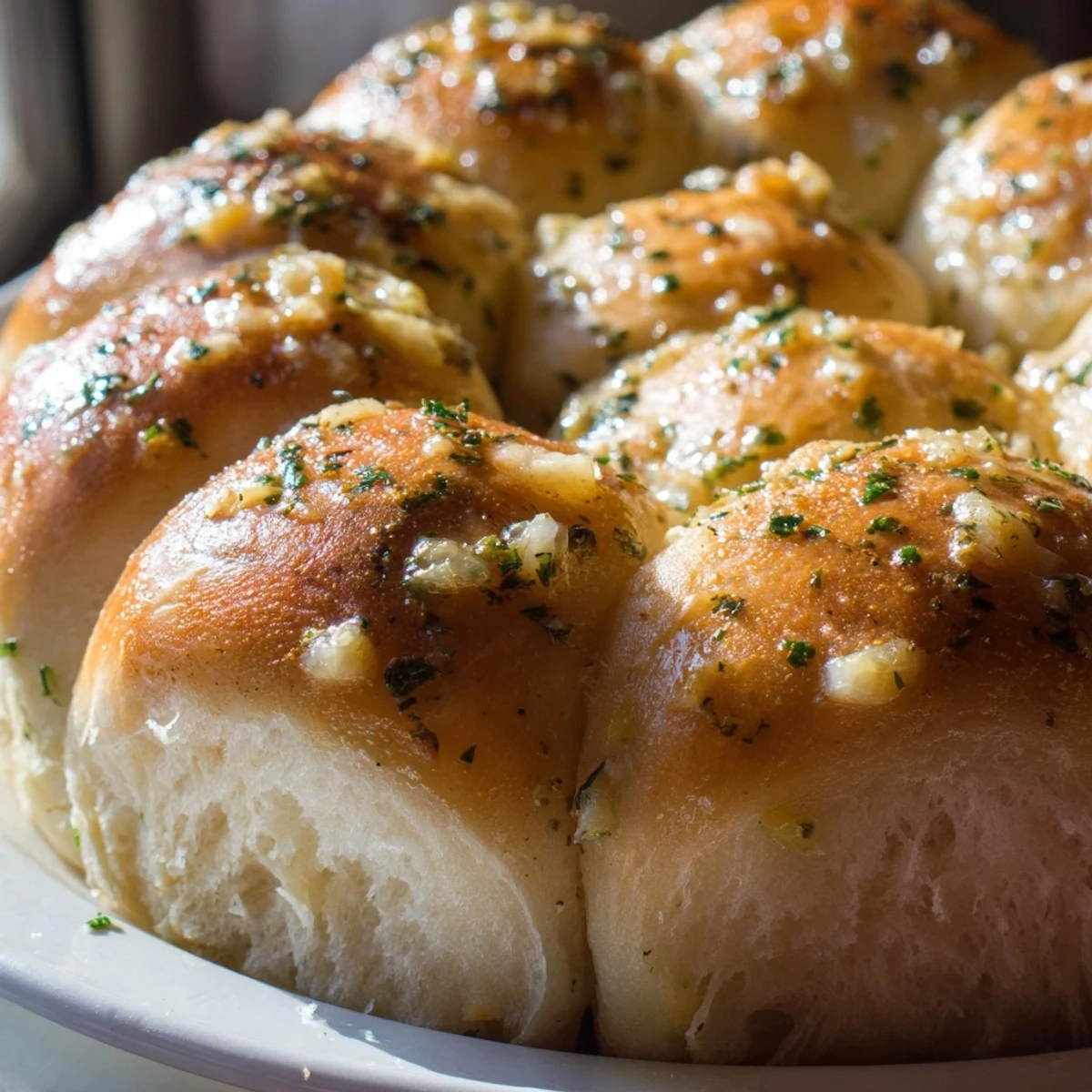 Golden Garlic Butter Bread Pull-Apart rolls in a skillet, topped with Parmesan cheese, ready to be pulled apart and enjoyed.