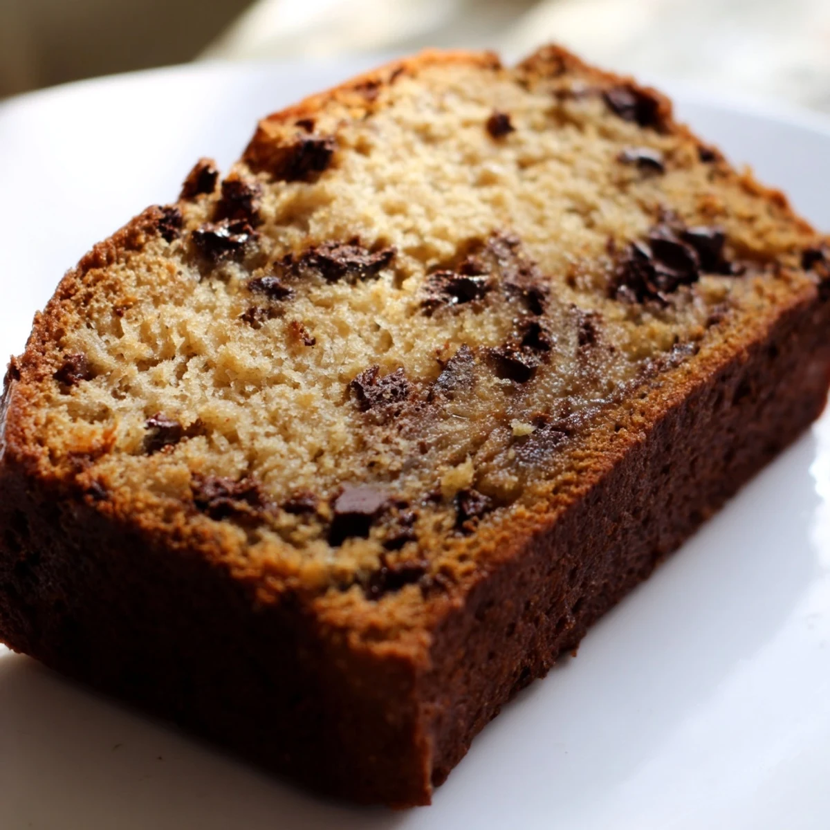 A close-up of moist banana bread with chocolate chunks, ready to be enjoyed as an easy, homemade snack.