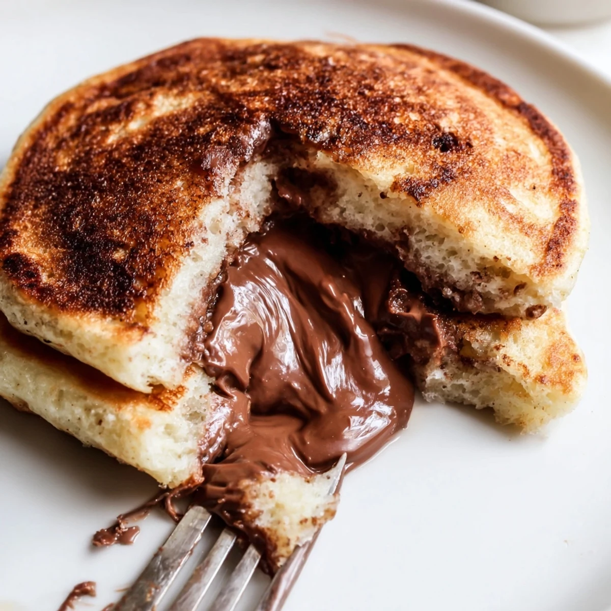 Stacked Nutella stuffed pancakes dusted with powdered sugar, served fresh with a drizzle of warm chocolate sauce.