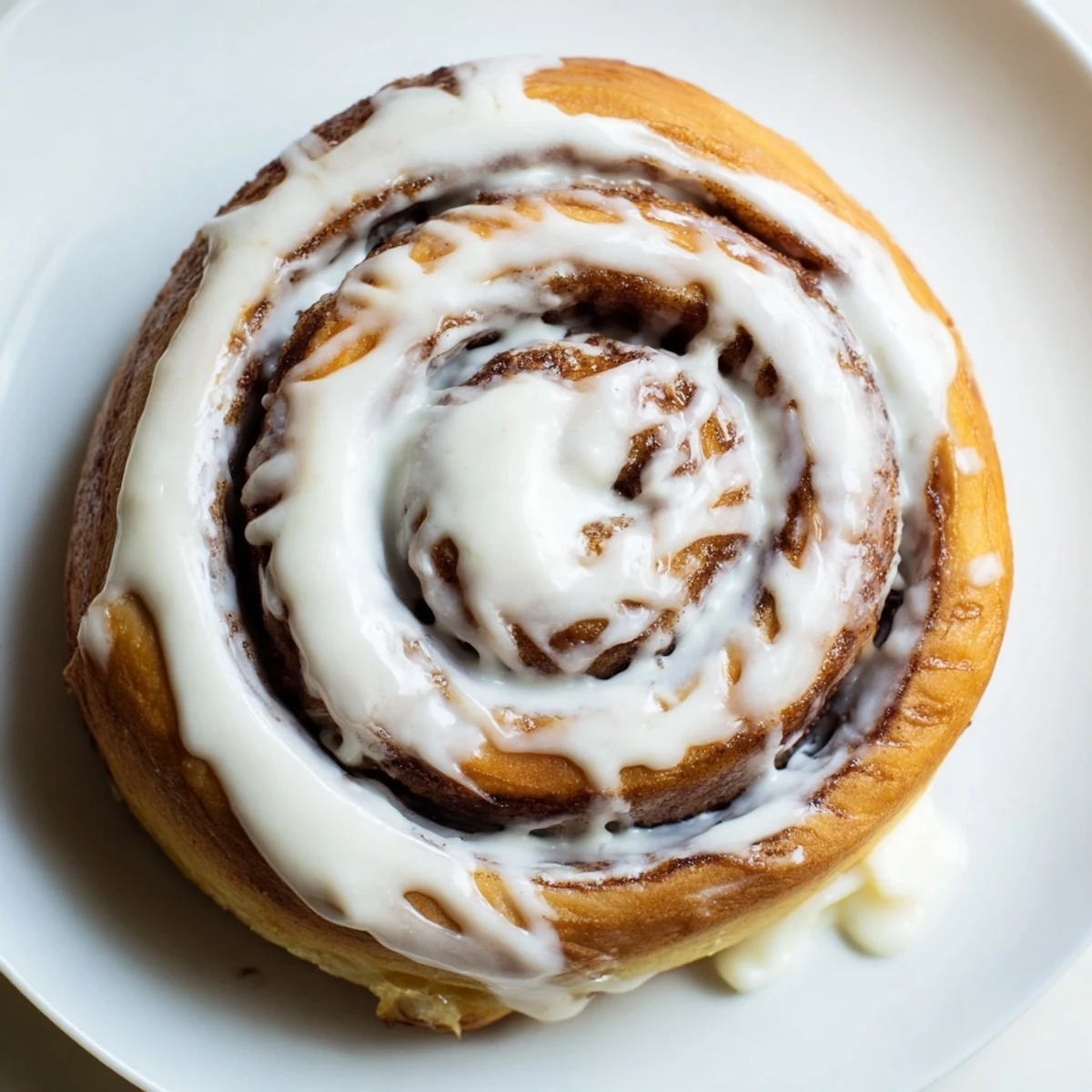 Golden Pillow Soft Cinnamon Rolls with cinnamon sugar swirls and glaze dripping down the sides.  