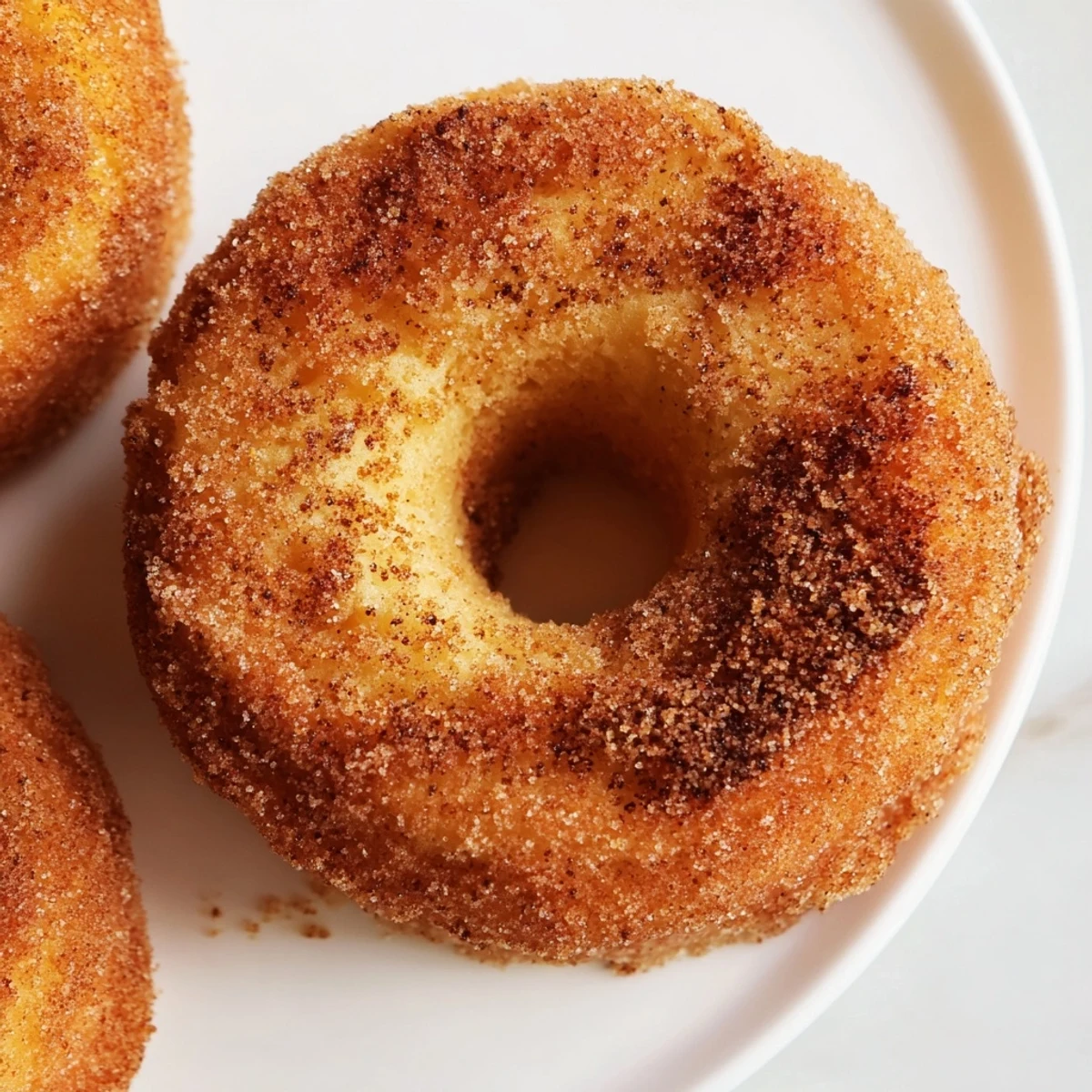 Golden-brown, fluffy Air Fryer Cinnamon Sugar Donuts coated in glistening cinnamon sugar, perfect for a sweet breakfast treat alongside coffee.  