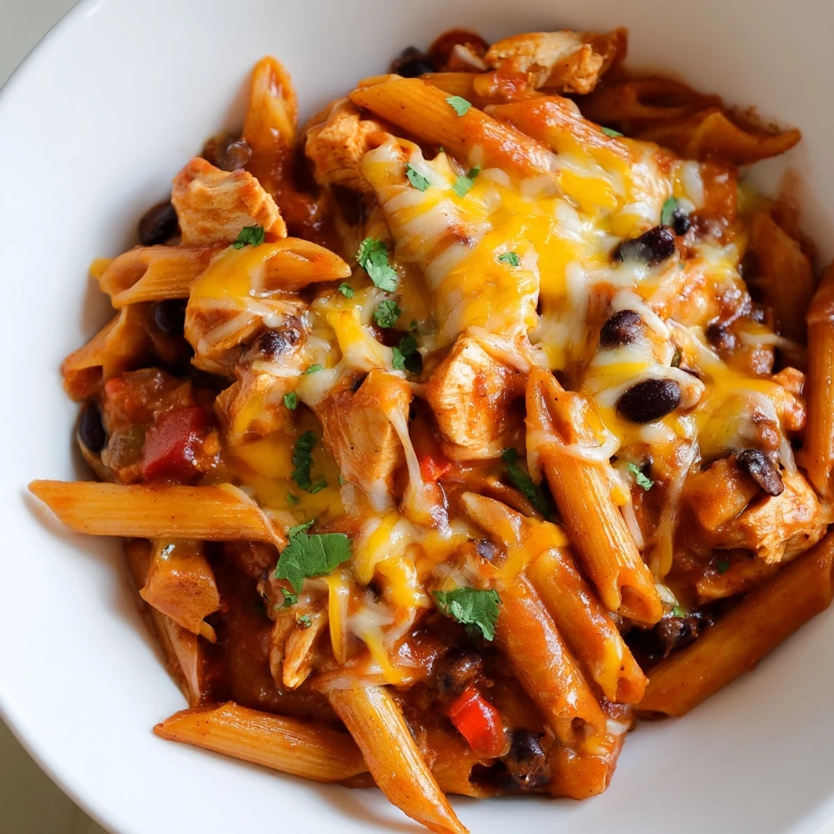 Creamy Chicken Enchilada Pasta with penne, black beans, and melted cheese, topped with cilantro in a skillet.