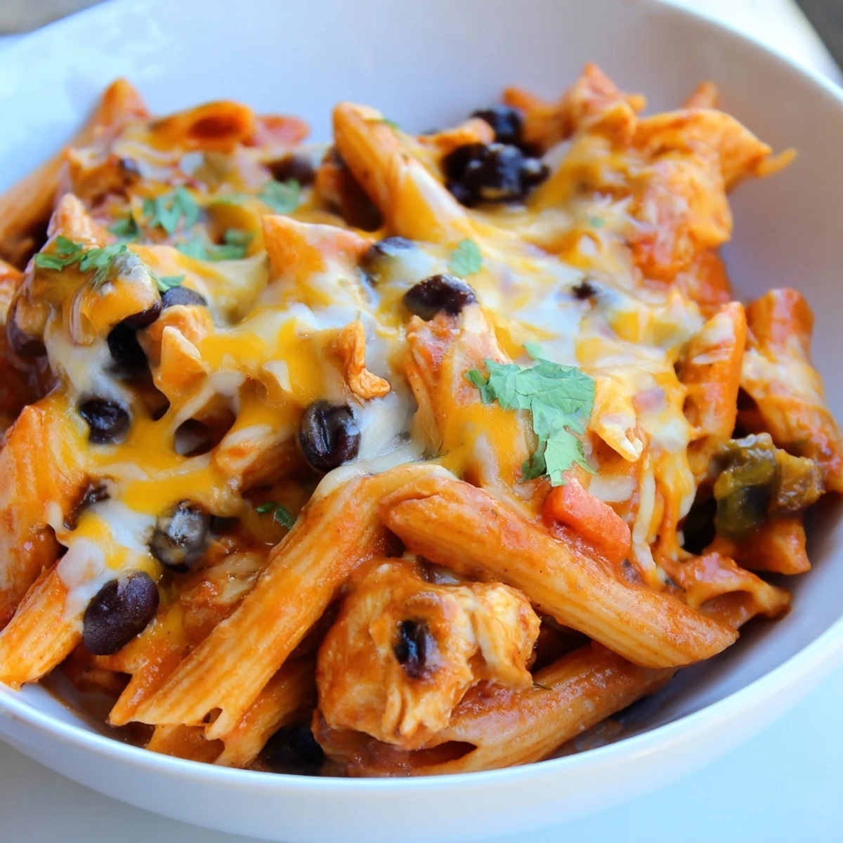Hearty skillet of Chicken Enchilada Pasta featuring penne, shredded chicken, and red enchilada sauce, ready for a weeknight dinner.