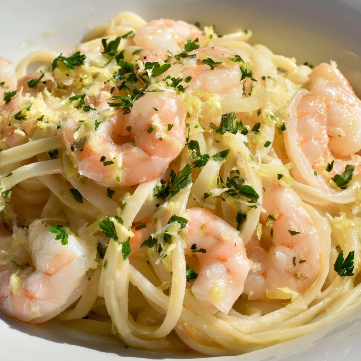 Close-up view of vibrant Garlic Butter Shrimp Linguine, featuring plump, pink shrimp nestled in silky, garlic-infused butter sauce clinging to perfectly cooked al dente linguine strands.