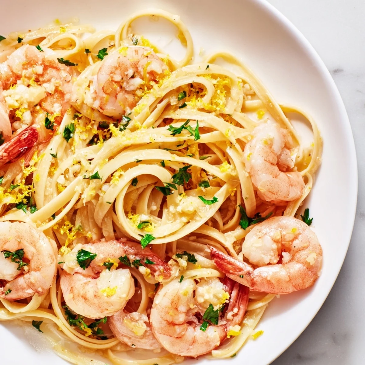 Freshly chopped parsley and a sprinkle of grated Parmesan cheese garnish this warm, steaming plate of Garlic Butter Shrimp Linguine, perfect for a quick weeknight Italian-American dinner.