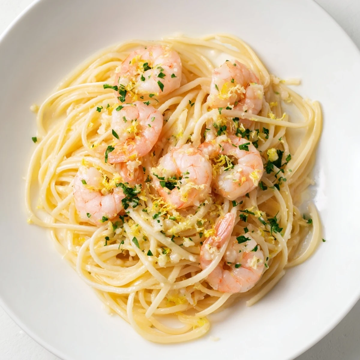 A skillet of sizzling Garlic Butter Shrimp Linguine awaits serving, with a garnish of lemon zest and a side of crusty bread for soaking up the rich sauce.
