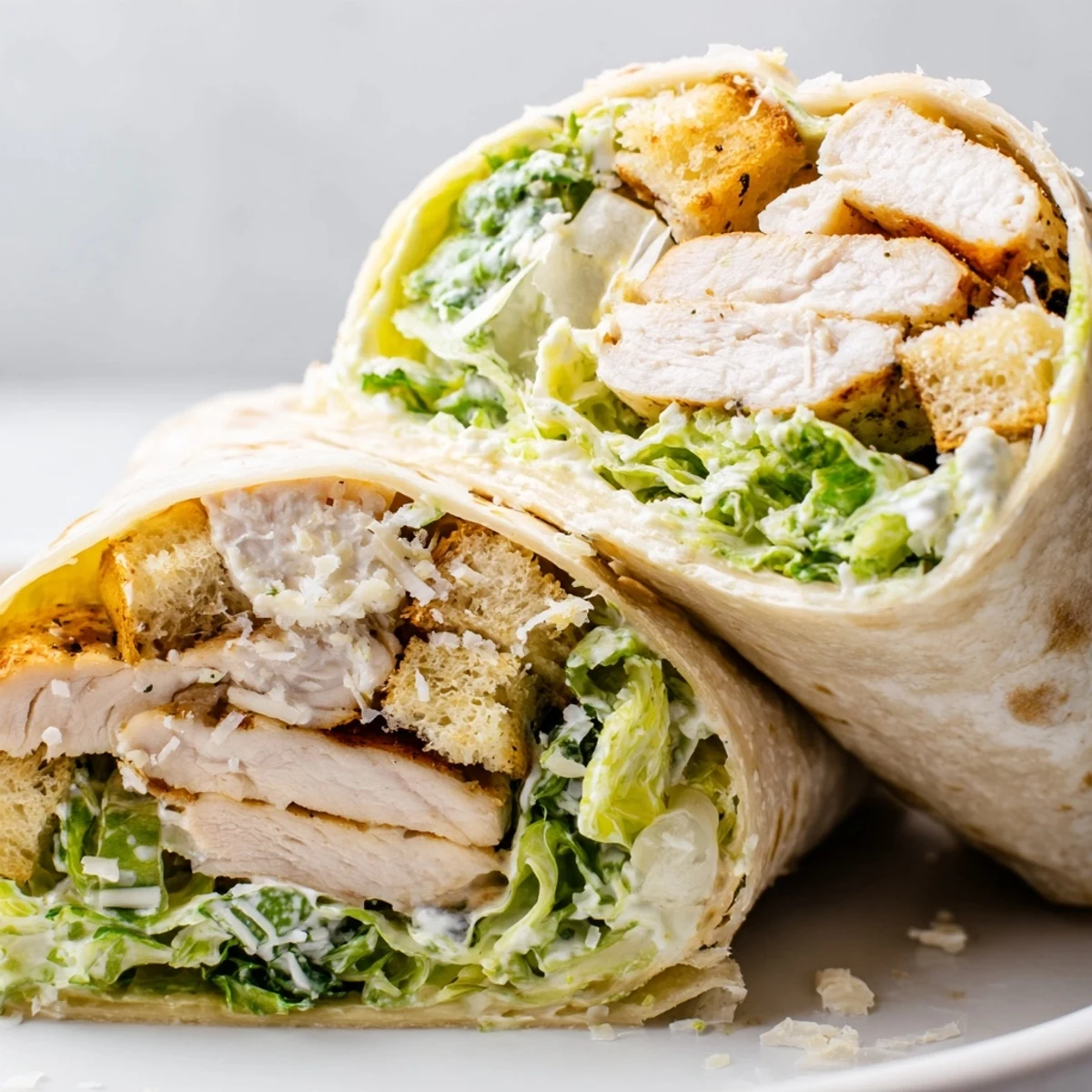 Golden-brown grilled chicken and crunchy croutons fill a warm tortilla, creating a satisfying Caesar Chicken Salad Wrap perfect for a quick lunch or picnic.