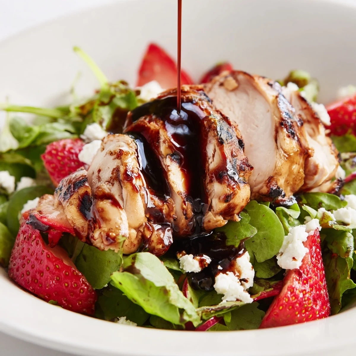 Grilled chicken slices with strawberries and goat cheese on mixed greens, drizzled with honey balsamic glaze for a vibrant salad.
