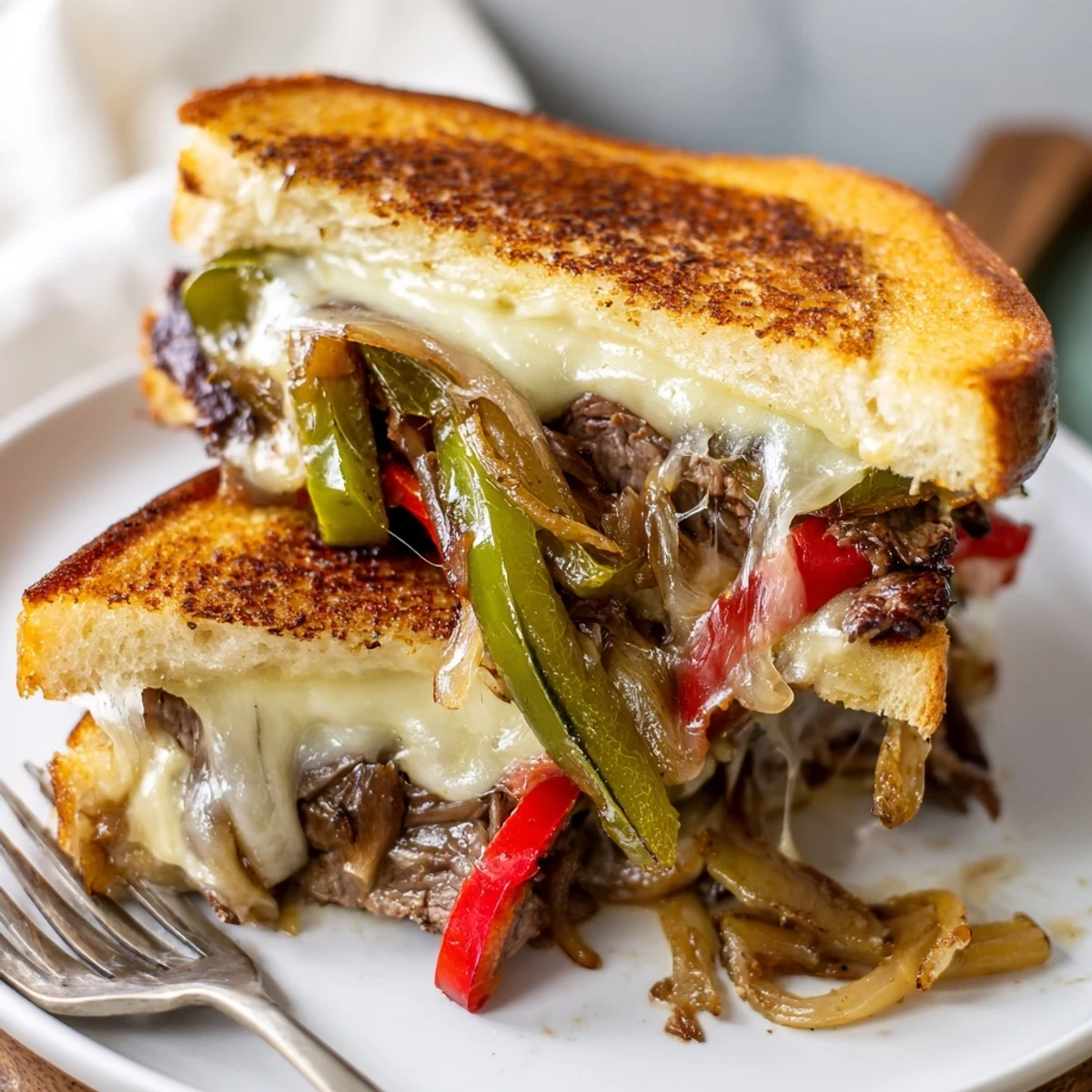 Golden, buttery sourdough grilled cheese stuffed with ribeye steak strips, sautéed bell peppers, onions, and melted provolone.