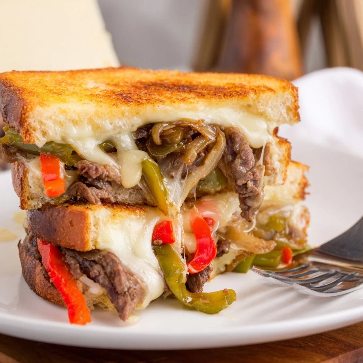 A cross-section view shows the juicy steak and melty provolone inside the toasted sandwich.