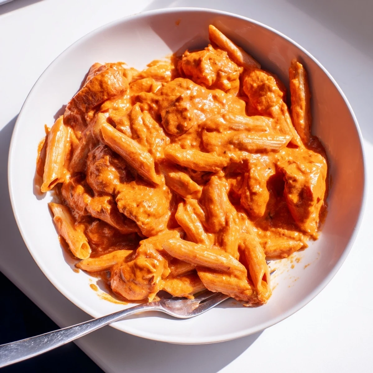 Creamy Chicken Tikka Pasta with charred chicken tikka, penne, and fresh cilantro garnish.