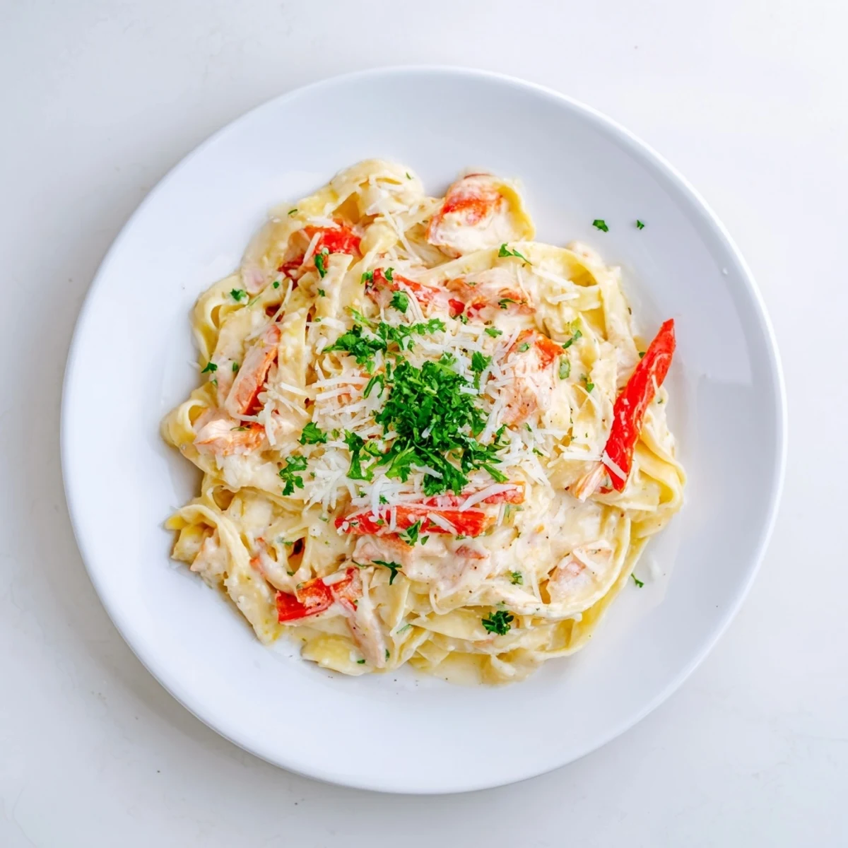 Creamy Cajun pasta in a skillet, featuring al dente penne coated in a rich, spicy sauce with roasted red bell peppers and fresh parsley garnish.  