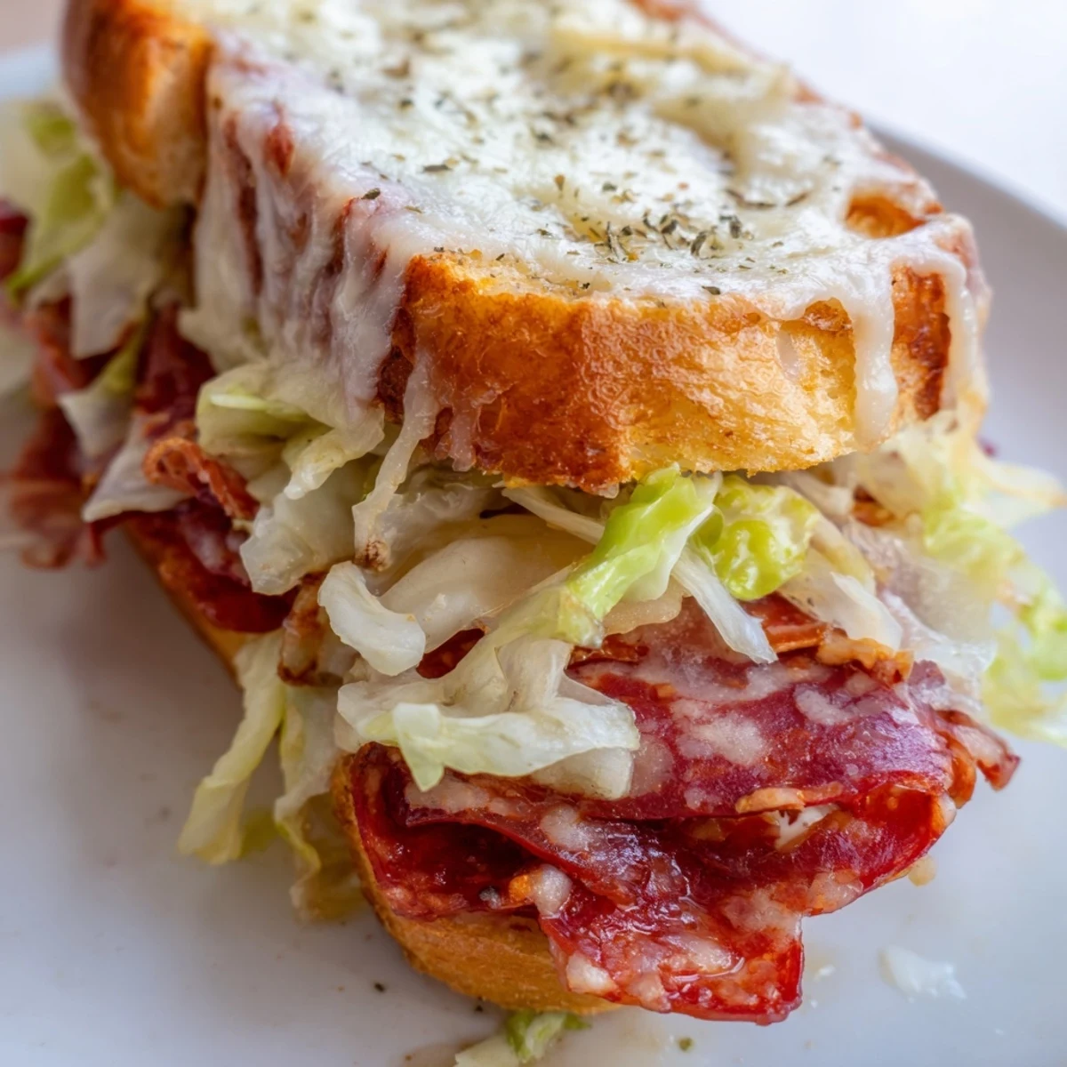 Golden-brown Italian Sub Grilled Cheese sandwich, oozing melted provolone and savory cold cuts, with a tangy lettuce topping on buttery grilled bread.