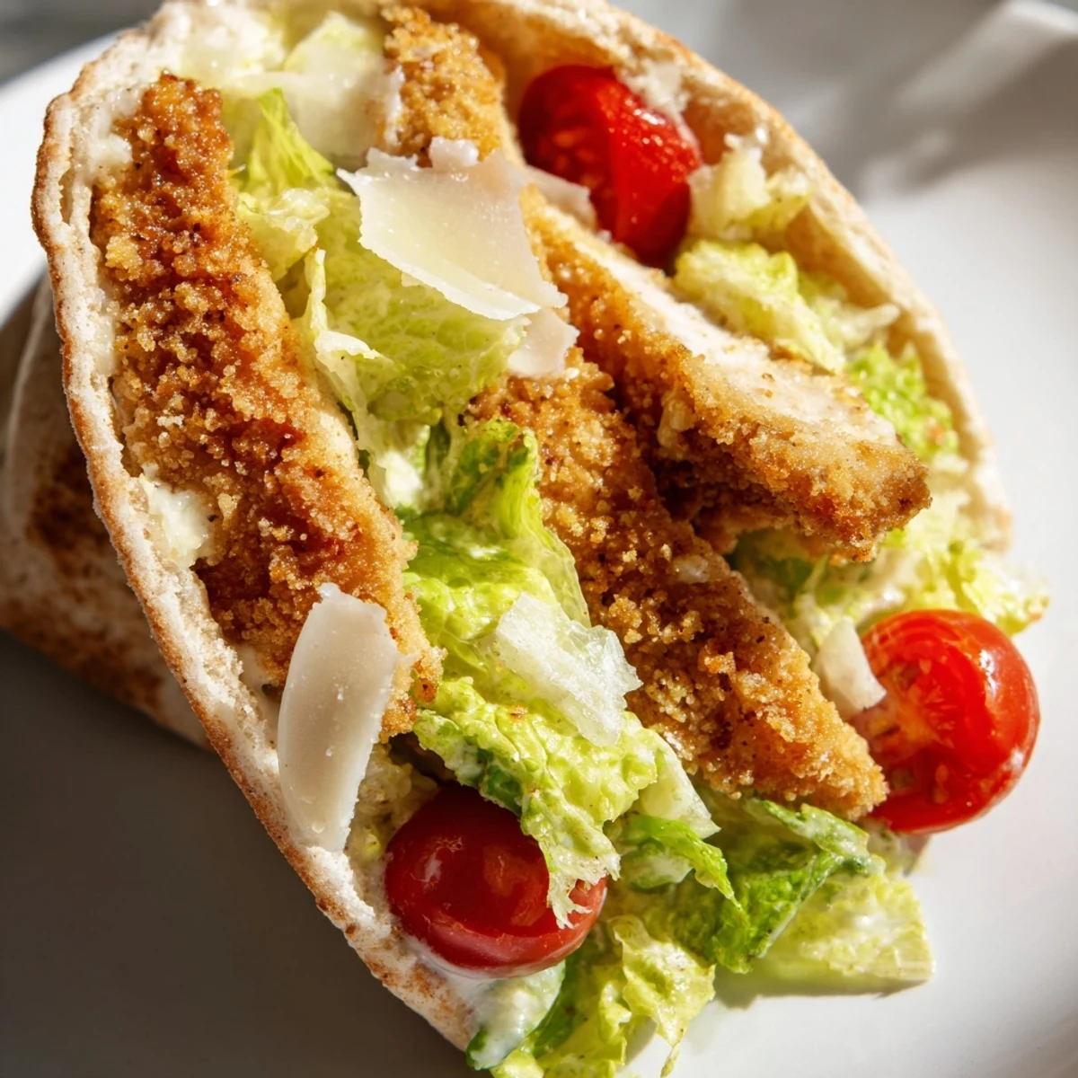 Golden, air-fried chicken strips nestled in a warm pita pocket filled with crisp romaine lettuce, creamy Caesar dressing, and shaved Parmesan cheese.