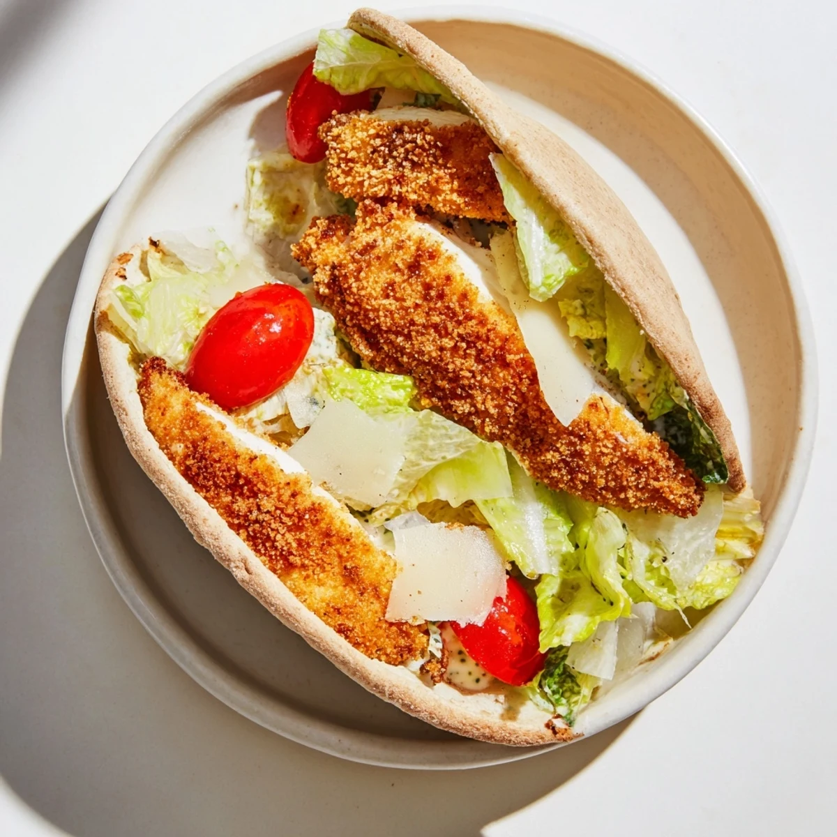 Freshly made Crispy Chicken Caesar Pita showing golden chicken strips, vibrant green romaine, and drizzles of creamy dressing inside a toasted pita bread.