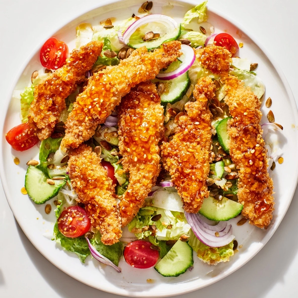 Crispy Hot Honey Chicken Salad features golden fried chicken strips tossed over crisp romaine, cucumber, and cherry tomatoes.  