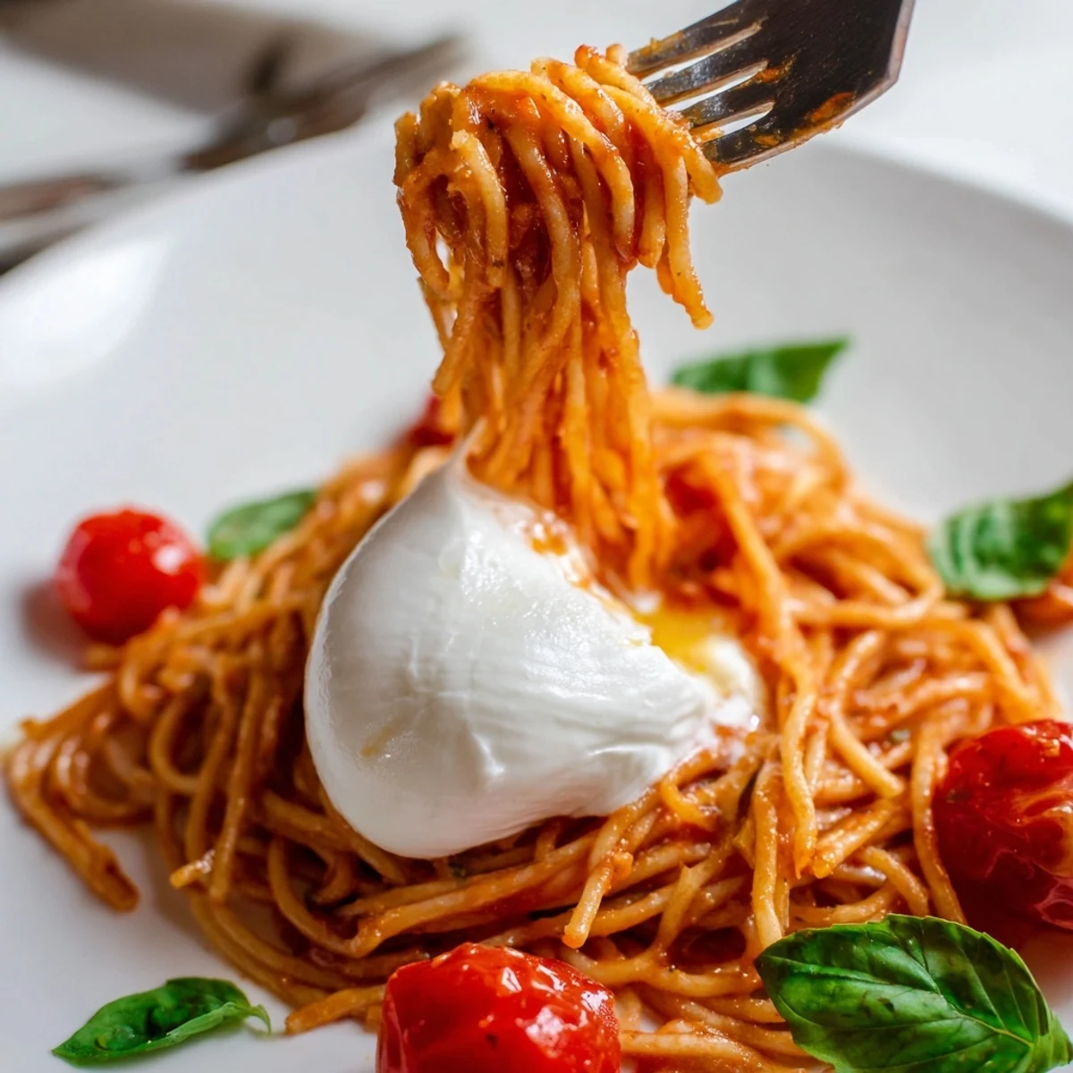 Freshly torn burrata Caprese pasta with cherry tomatoes and basil on a white plate.