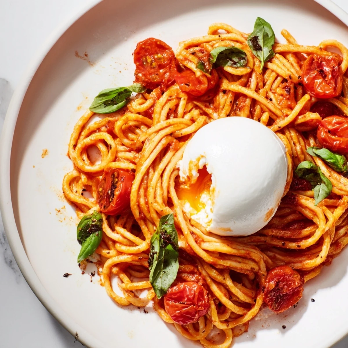 Burrata Caprese pasta twirled on a fork with melted cheese and juicy tomatoes.