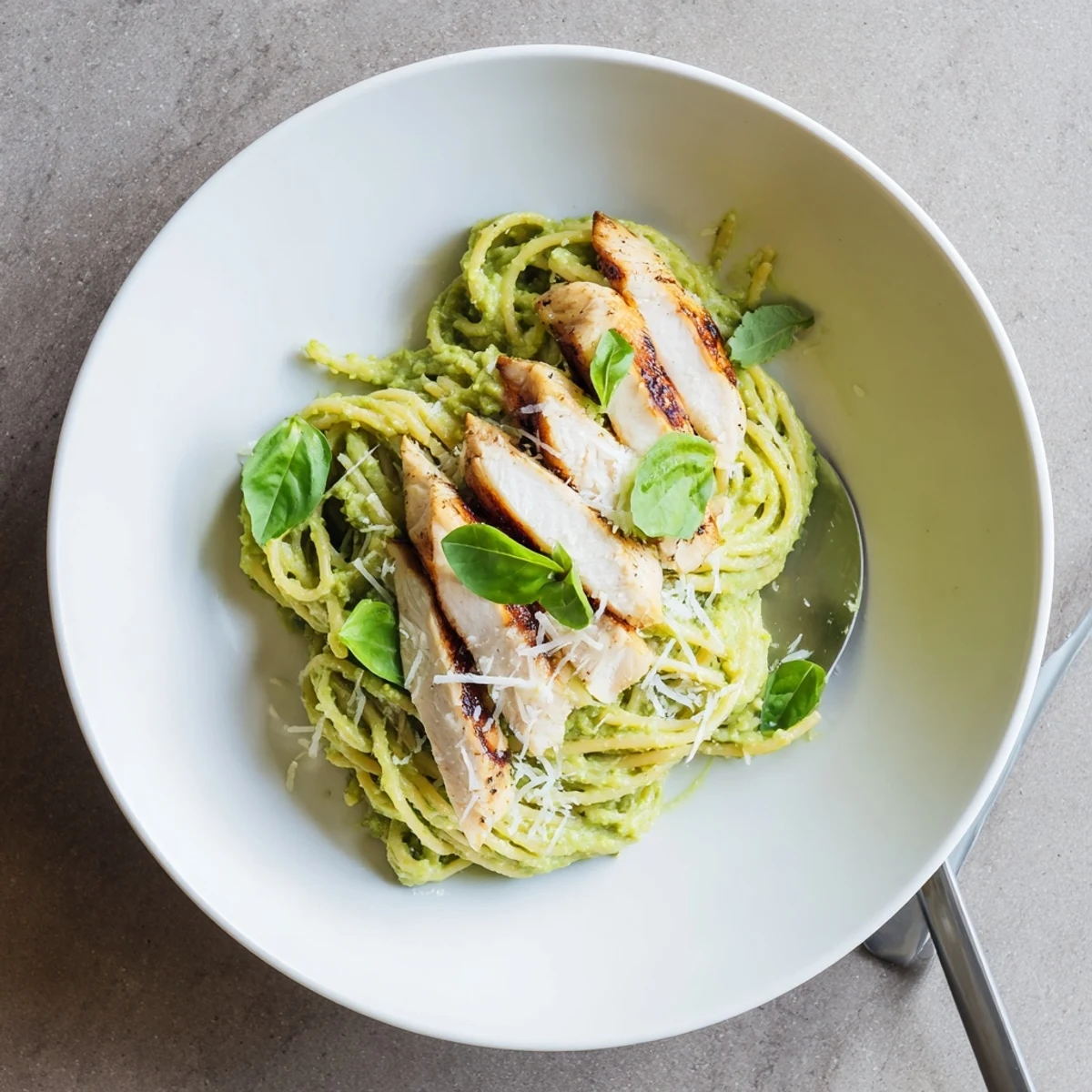Creamy Avocado Chicken Pasta with sliced grilled chicken tossed in a smooth, green avocado sauce, garnished with fresh basil leaves.