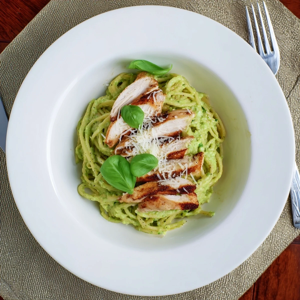 A close-up of Creamy Avocado Chicken Pasta showing silky sauce clinging to spaghetti and juicy grilled chicken pieces, ready to serve.