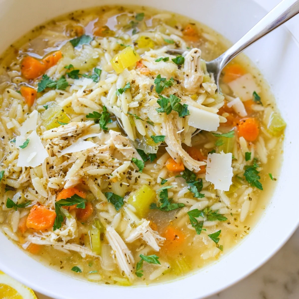 Steaming bowl of Lemon Pepper Chicken Orzo Soup with tender shredded chicken and zesty lemon garnish.