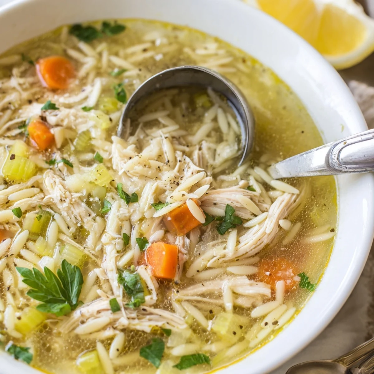 Comforting Lemon Pepper Chicken Orzo Soup served in a rustic mug, garnished with fresh parsley and lemon wedges.