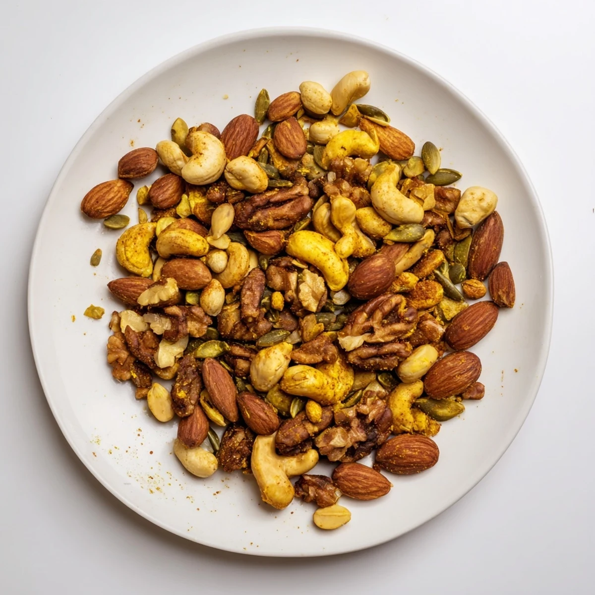 A bowl of freshly baked Spiced Nuts and Seeds Mix, featuring golden almonds, cashews, and walnuts coated in aromatic turmeric and cinnamon.