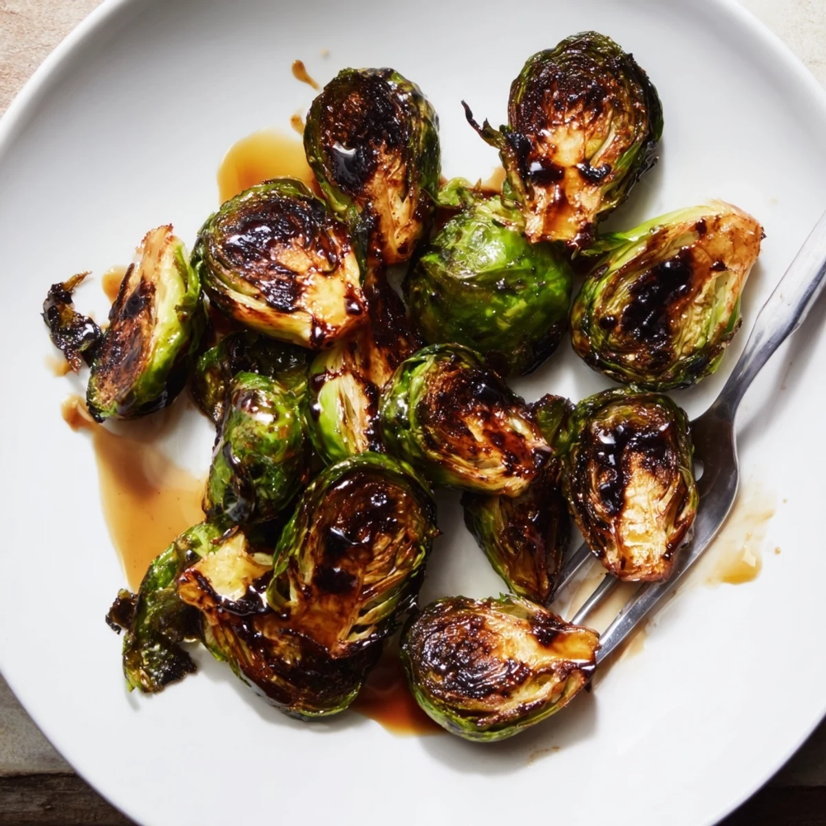 Freshly prepared Roasted Brussels Sprouts With Balsamic, showing caramelized edges and a rich, tangy glaze.