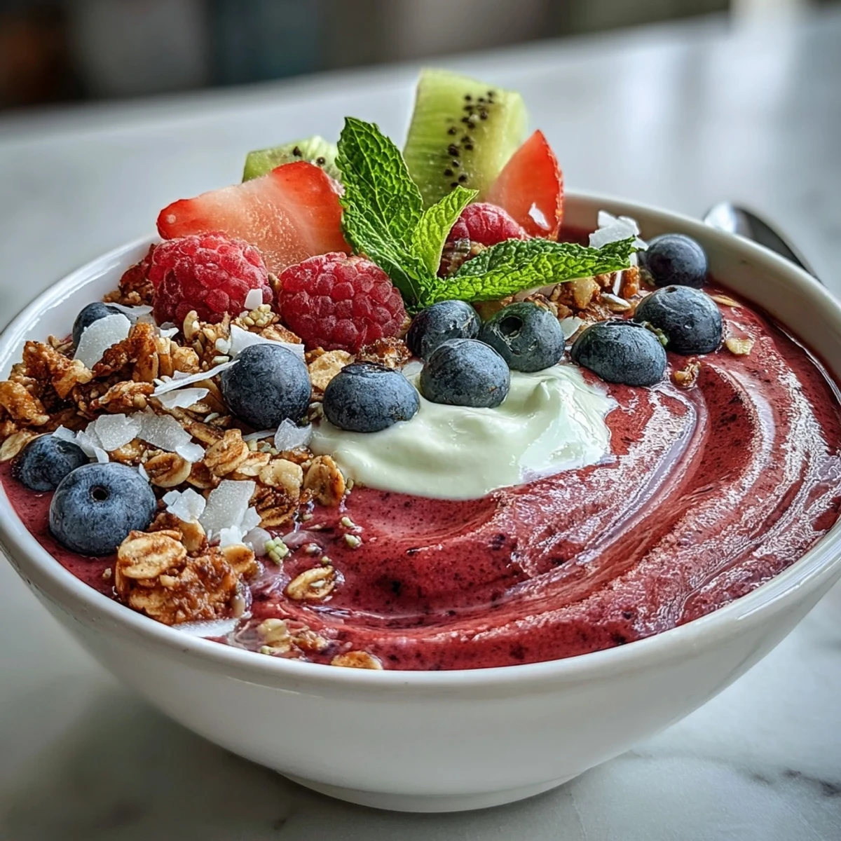 A vibrant Beet and Berry Smoothie Bowl topped with crunchy granola, fresh kiwi slices, and pumpkin seeds for a nutritious breakfast.