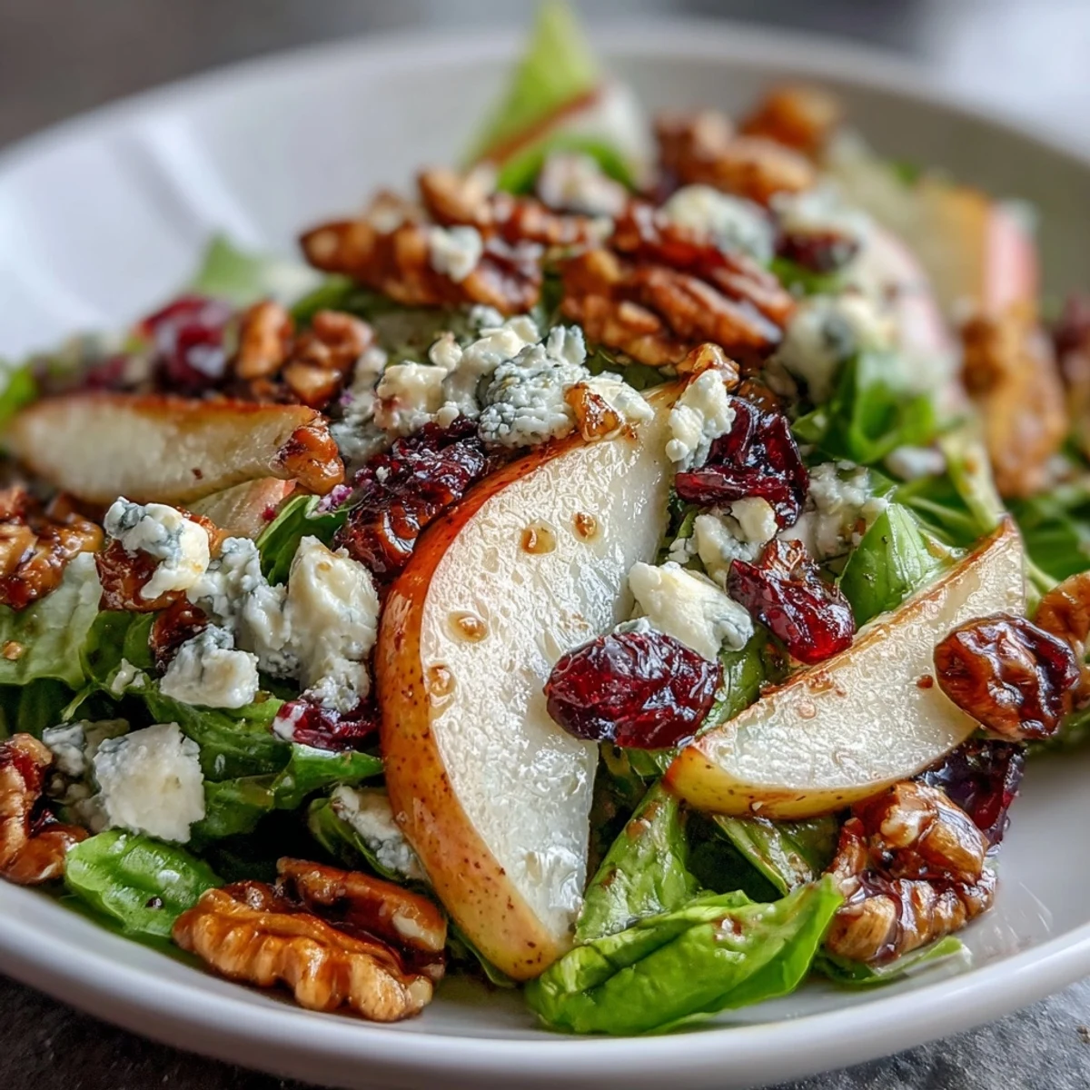 Freshly made honey-balsamic dressing drizzled over a vibrant Pear Gorgonzola Salad served in a rustic white bowl.