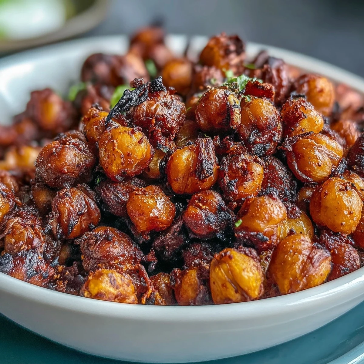 Hearty Crispy Chickpea Snack tossed in olive oil and spices, cooling on a baking sheet. 