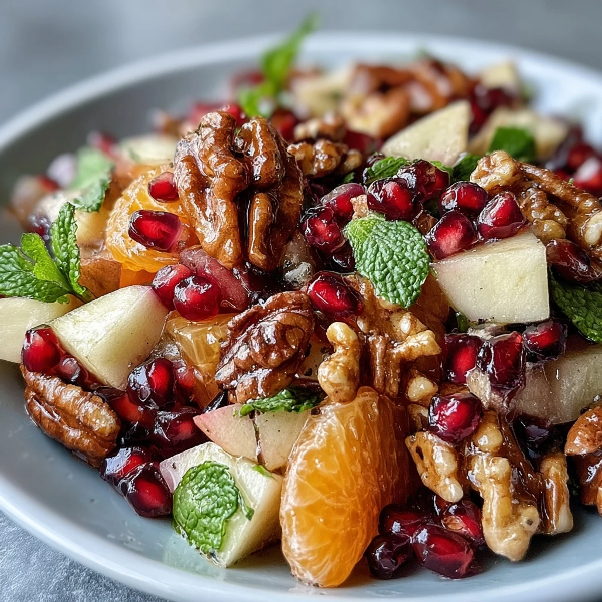 This easy Pomegranate and Walnut Salad combines crisp pear, walnuts, and mint, tossed in cinnamon-spiced olive oil for a healthy vegetarian side dish.