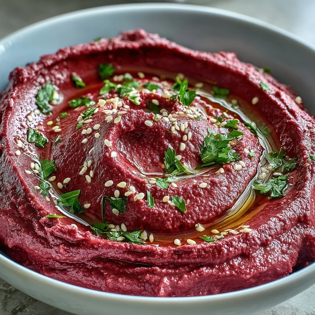 A bowl of vibrant pink Roasted Beet Hummus garnished with olive oil and sesame seeds.  